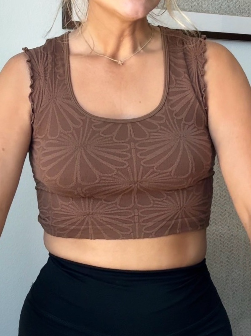 Brown Textured Scoop Neck Crop Tank Top